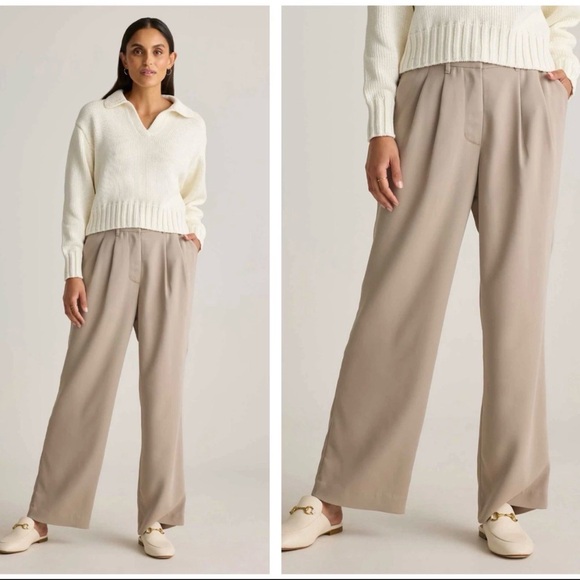 Quince Pants - NWT QUINCE Stretch Crepe Pleated Wide Leg Pants Morel Tan Sz 6 Office Work Wear